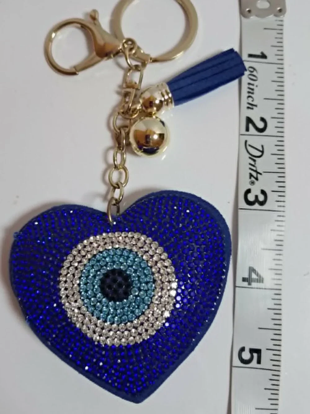 Blue Crystal Heart Evil Eye Rhinestone Tassel Keychain